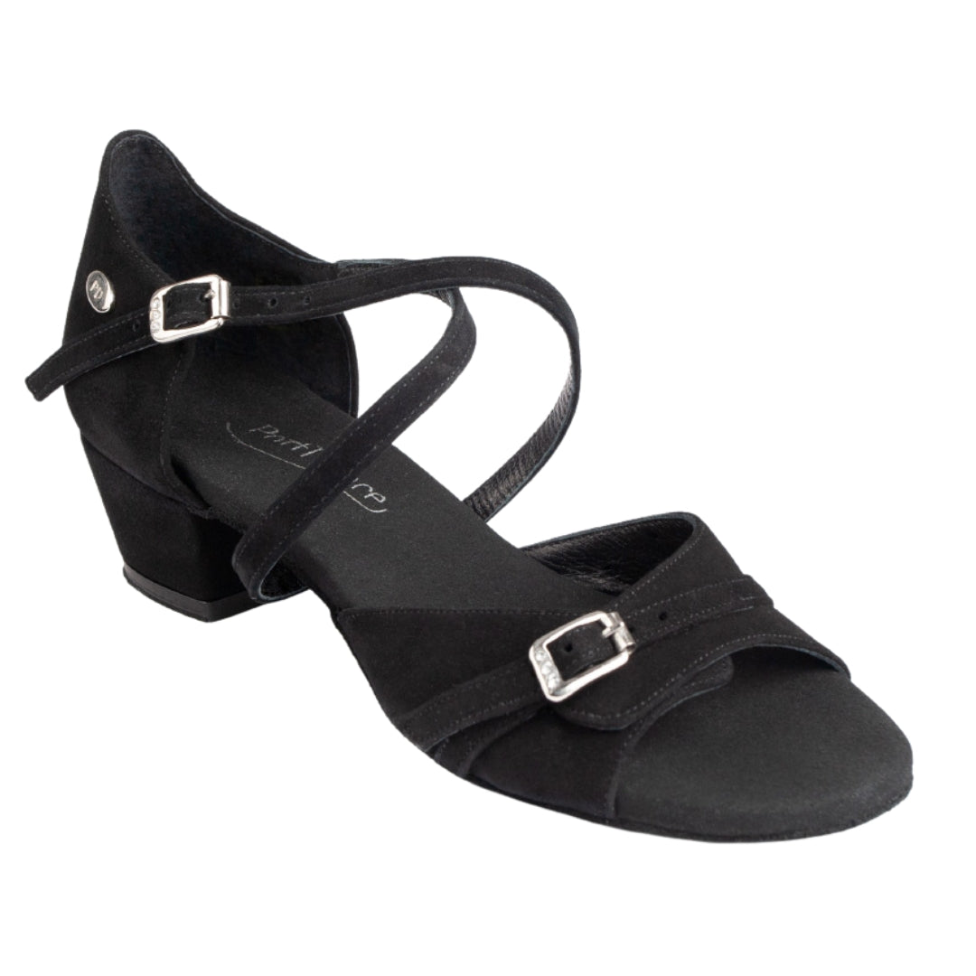 Portdance PD636 Premium-Tanzschuhe aus schwarzem Nubukleder für Anfänger mit überkreuzten Riemen, Schnalle und niedrigem Absatz.